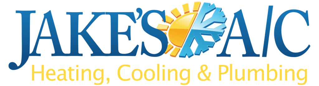 Logo for "JAKE'S A/C Heating, Cooling & Plumbing" with a sun and snowflake graphic representing heating and cooling services.