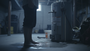 A person stands barefoot in a basement near a water heater leaking onto the floor, with tools and a bucket nearby. Emergency Water Heater Repair