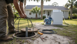 Person working on a well with cables and tools in a yard; a washing machine and laundry basket are visible on the grass near a house in the background. Certified Water Well Repairman