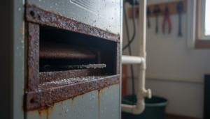 Close-up of a rusty, corroded furnace with visible salt or mineral deposits on the metal surface. Tools and pipes are seen in the blurred background of a workshop or utility room. Common Causes of Furnace Failure